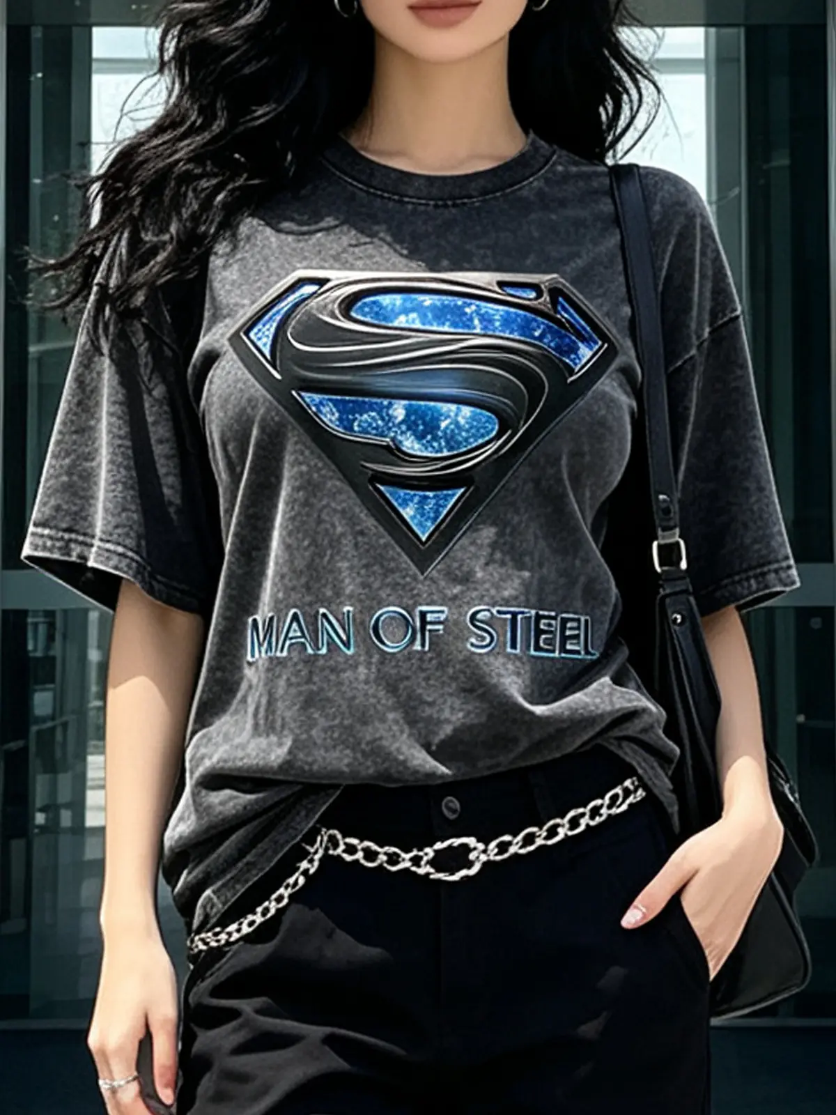 Justice League Superman Blue S Logo & "MAN OF STEEL" Text Print Washed T-Shirt Retro Comic Super Hero Graphic Unisex Casual Cotton Streetwear