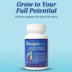 HeightMax Height Growth Supplement for Natural Growth & Development - 60 Capsules with Calcium, D3, Zinc, L-Arginine for Bone Strength