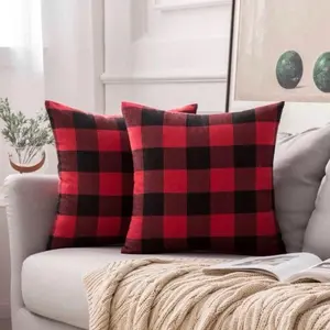 Set of 2 Red and Black Holiday Buffalo Checker Plaid Home Decor Pillow Covers size 18” x 18”