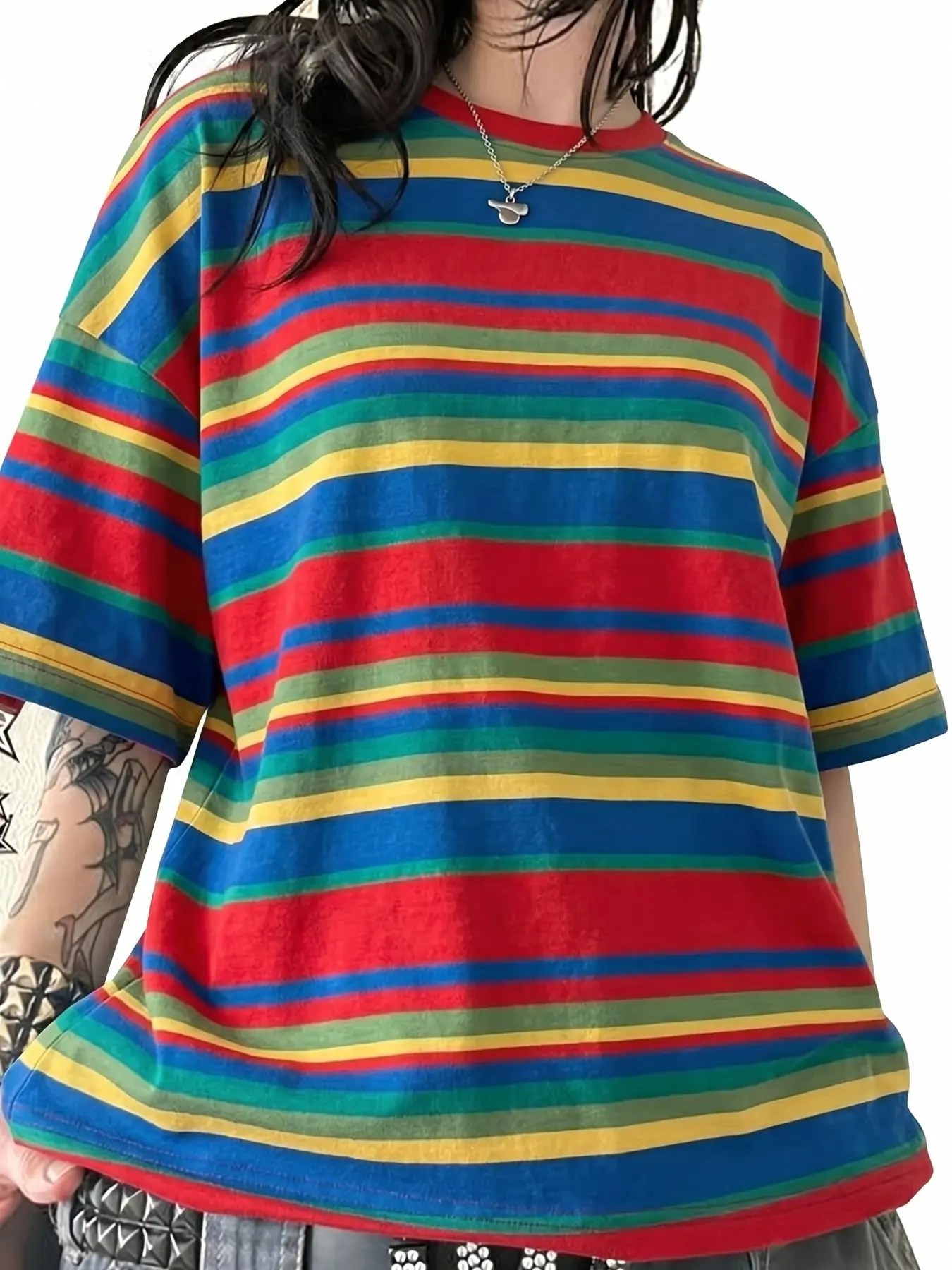 Vintage Rainbow Striped Short-Sleeve T-Shirt, Crew Neck Loose Drop Shoulder Lazy Style Casual Versatile Daily Basic Summer Short Sleeve Top Fit, Casual Everyday Tops