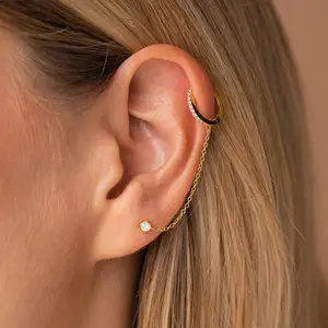 Opal Stud & Pave Hoop Earrings by Caitlyn Minimalist - Double Piercing Chain Earrings with Opal and Diamond Gemstones - Crystal Jewelry - Gift for Her