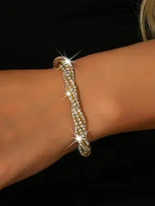 Handmade Beaded Elastic Metal Bracelet, Elegant Crystal Stretch Wristband, Shiny Square Zircon Handchain, Party Wedding Bangle
