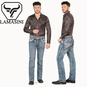 LAMASINI MONTERO LAM12101 Premium Denim Embroidery Jeans Beige Brown Stitching Faux Leather High Quality Modern Boot Fit Western Style Mid Waist Full Length Hem Machine Washable