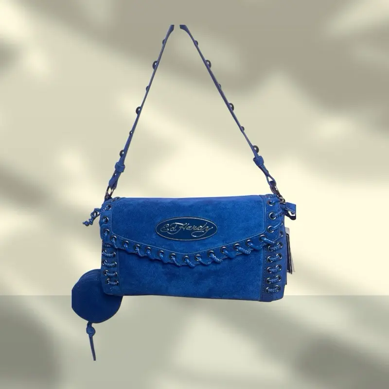Ed Hardy Blue Suede Shoulder Bag Y2K Punk Goth Grunge Studded Purse with Coin Pouch
