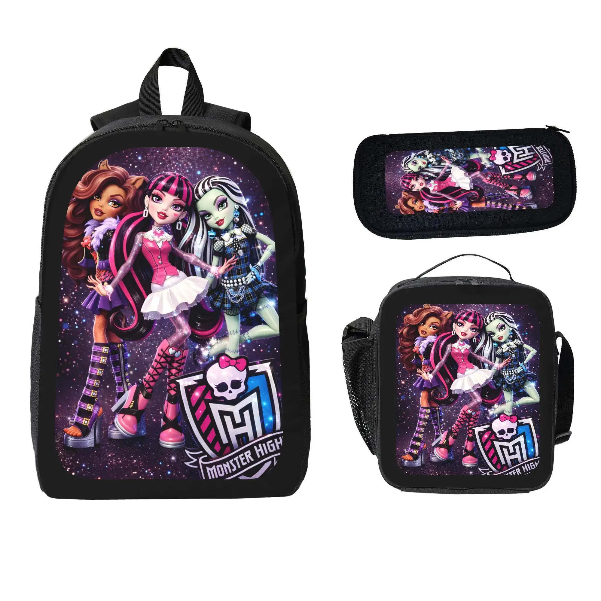 Monster High Backpack 3-Piece Set with Insulated Lunch Bag & Pencil Case, Y2K Gothic School Supplies for Girls Teens