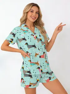 Light Blue Dachshund Print Pajama Set for Women, Button Down Short Sleeve, Spring & Summer Loungewear, White Trim Accents, Cute Cozy Home Outfit