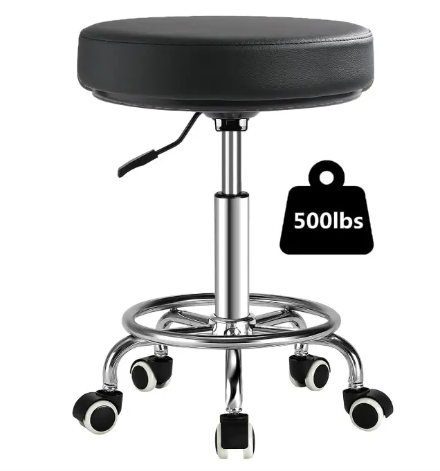 Adjustable Rolling Stool with Wheels Heavy Duty 500lb Round Rolling Stool with Footrest, Patent Leather Drafting Stool Chair with Wheels Work Spa Salon Seat