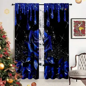 Blue Rose Pattern Curtains Set, Valentine's Day Decorative Window Drapes, Lightweight Breathable, Comfortable Bedroom, Fashion Office, Kitchen, Home Decoration Curtain
