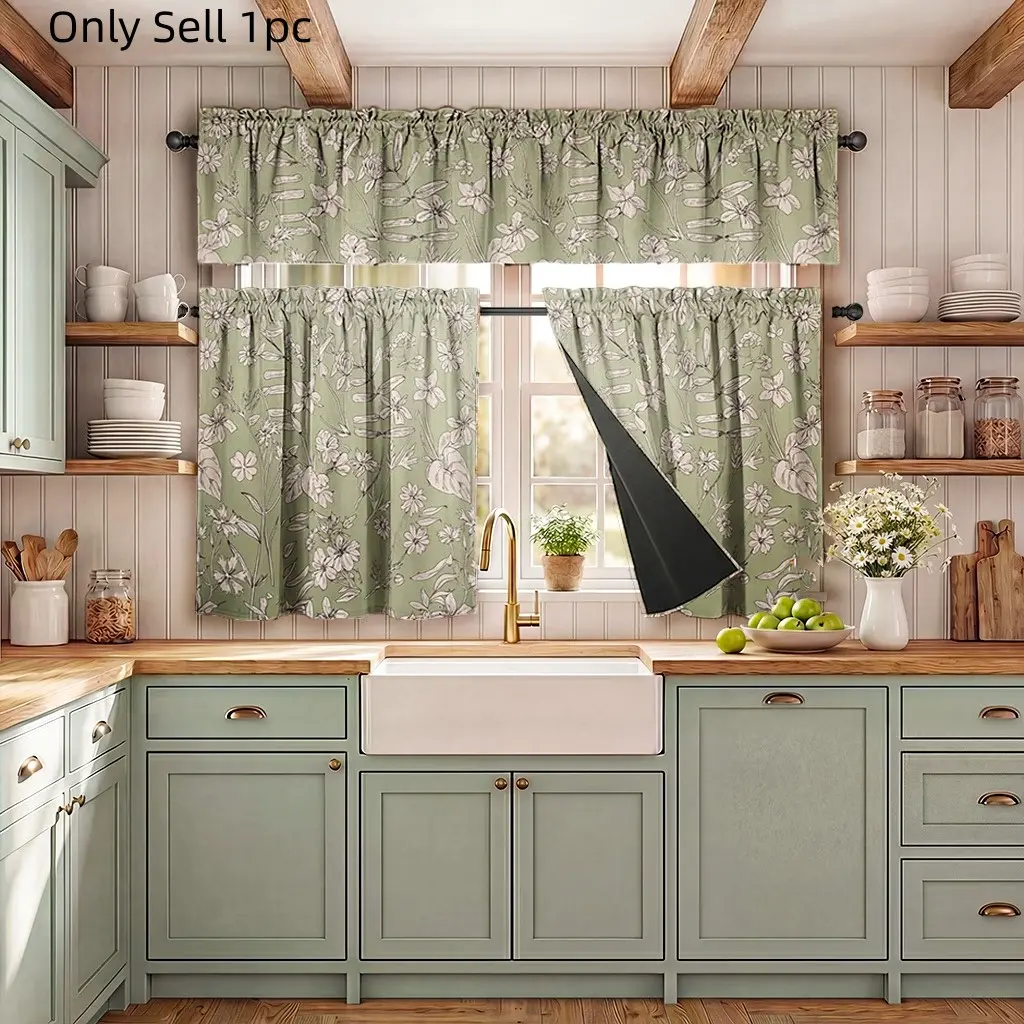 1pc Vintage Floral Kitchen Curtain Set, Window Curtain, Window Drapes, Curtains Black Out, Pea, 100% Blackout, Easy Install, Washable, Suitable for All Seasons, Privacy Protection