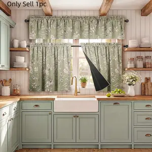 1pc Vintage Floral Kitchen Curtains Set, Pea, 100% Blackout, Easy Install, Soft Polyester, Washable, Suitable for All Seasons