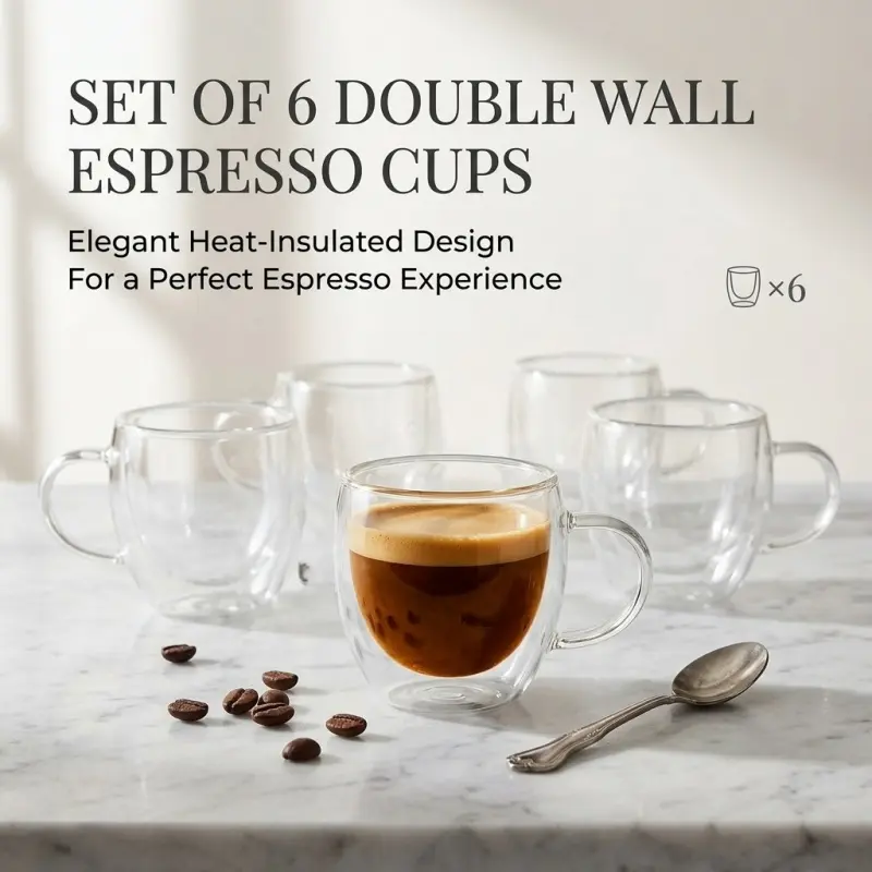 6-piece double-walled borosilicate glass espresso cup set, heat-resistant and insulated coffee cups with handles, Coffee Cups Sets, Espresso Mugs, suitable for everyday family use