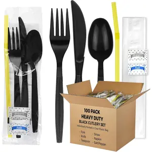 100 pack | Individually wrapped Cutlery set | BlackHeavy Duty Cutlery | Utensil set with Fork, spoon, , Napkin, Straw and Salt/Pepper packets (6 in 1) | Plastic Disposable Flatware Cutlery Kits