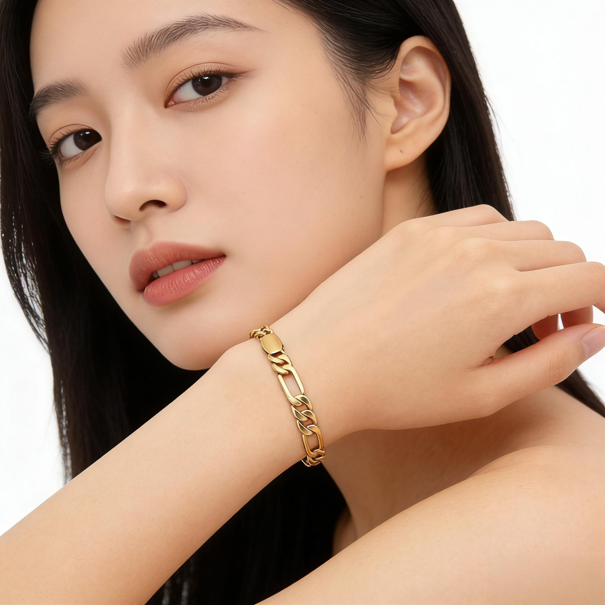 LuLuEcho 14K Gold-Plated Figaro Stamped Chain Bracelet Summer Jewelry Neutral Accessories Men and Women Layering Bracelets Craft Jewelry