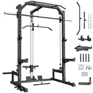 Garvee Smith Machine Home Gym with LAT Pulldown System, Multifunctional Power Rack with Pull-Up Bar, Landmine, Low Row Bar & More Training Attachments, Squat Rack Power Cage for Full Body Strength Training