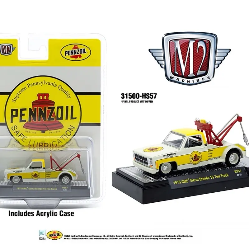 M2 Machines 1:64 Diecast Collectible 1975 GMC Sierra Grande 15 Tow Truck, Pennzoil Yellow Hobby 31500-HS57, with Acrylic Case