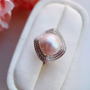 Piswency Large Freshwater Pearl Statement Ring, 925 Sterling Silver Adjustable Real Pearl Ring with Zirconia, Elegant Gift for Her