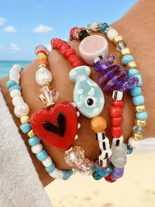 5 Pcs Women's Bohemian Ceramic Fish Heart Bead Bracelets, beaded bracelet, Casual Plain Design, Random Colors, Perfect for Daily Wear & Vacation