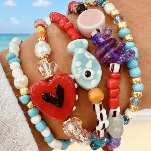 5 Pcs Women's Bohemian Ceramic Fish Heart Bead Bracelets, Summer Jewelry, beaded bracelet, Casual Plain Design, Random Colors, Perfect for Daily Wear & Vacation