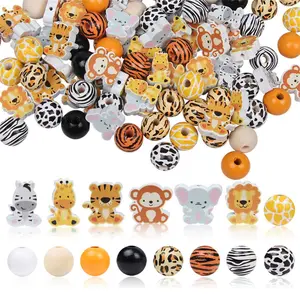 Jungle Animal Themed Beads Set, 50pcs/set Colorful Wooden Beads, DIY Craft Kit for Bracelet Necklace Earrings Pendant Making