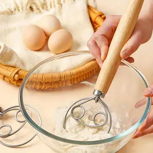 1pc Professional stainless steel Danish Dough Mixer - wooden Handheld Whisk & Dough Scraper - Effortless Double Hole Mixing for Baking, Stirring, & Egg Beating - Perfect for Restaurant, Food Truck, & Bakery Delights Baking Tools