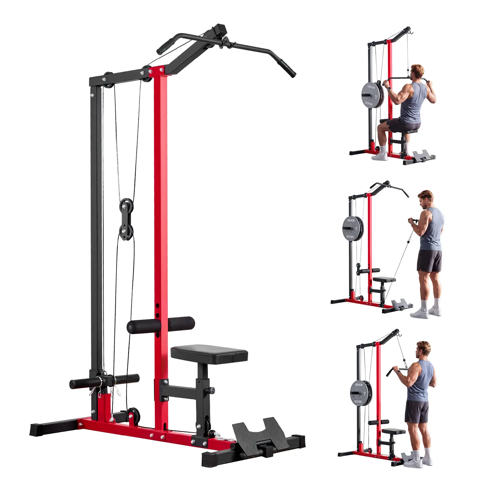 VEVOR Machine Lat Pulldown 2-in-1 Multi-Gym Row Cable Machine, Metal Frame Home Fitness Equipment with 3-Level Adjustable Seat, 4-Level Adjustable Foam Roller, 500 lbs Load Capacity for Back Training, Black Red