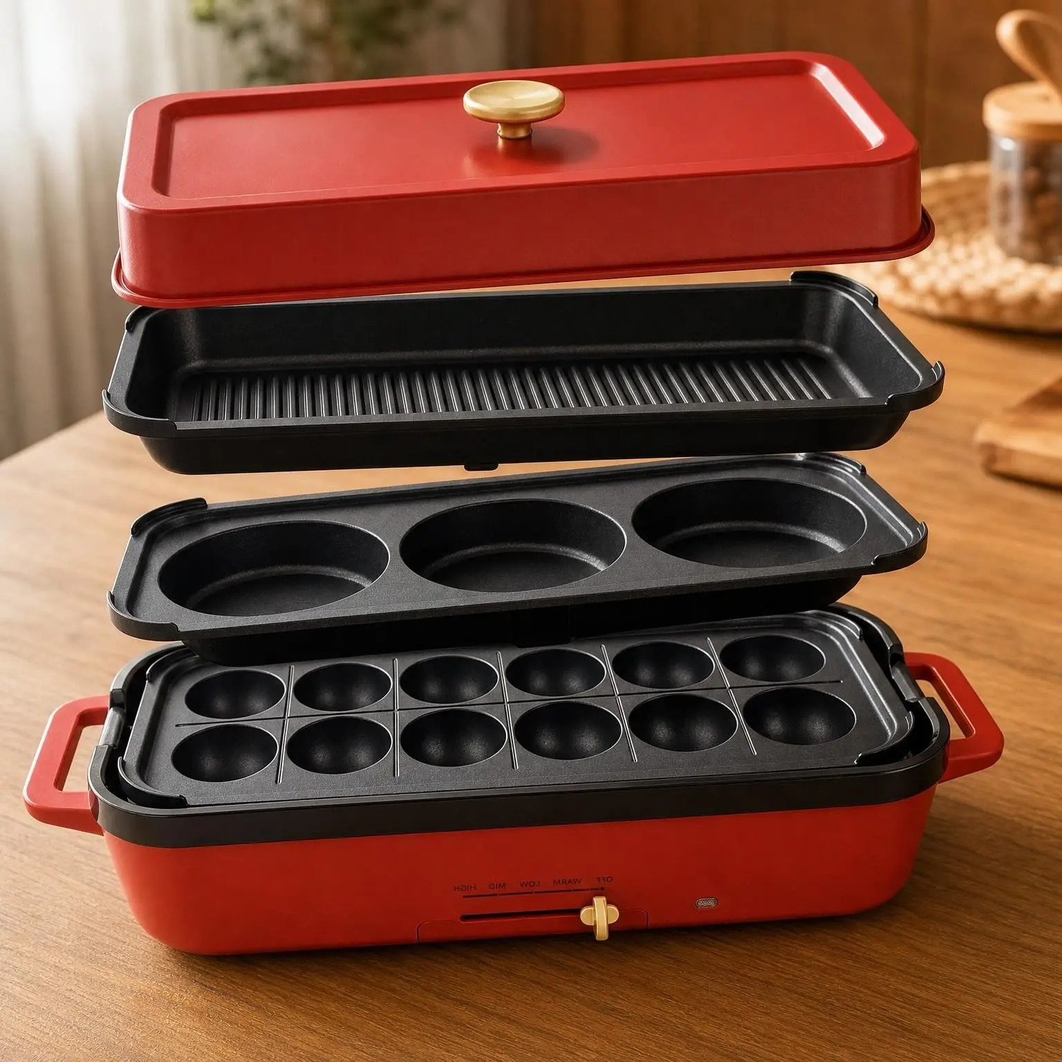Multifunctional Electric Griddle & Grill Nonstick Baking Maker with 3 Interchangeable Pans for Takoyaki, Cake Pops, Mini Pancakes & Fried Steak
