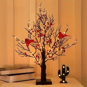 Desktop Bonsai Tree 21 Inch 60 LED Artificial Fir Tree Lighted Indoor Bird Warm Light Room Decor Home Office Theme Party Christmas