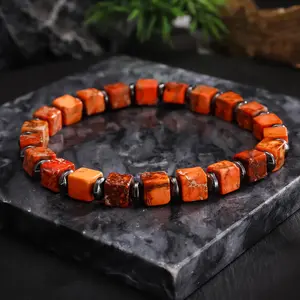 Handcrafted 6mm Orange Turquoise & Hematite Beaded Bracelet - Natural Stone Stretch Cord, Vintage-Inspired, Perfect for Casual Attire & Gifting