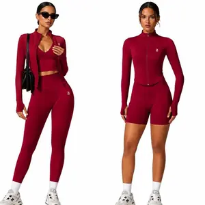 BARJA CoreFlex Women's Athletic Set of Jacket Cropped Long Sleeve Workout Top Zip Up Gym Compression Shirts with Thumb Holes and legging.