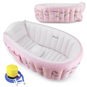 Baby Inflatable Bathtub Portable Travel Foldable Non-Slip Shower Basin with Air Pump Whale Blue Pink for Newborn Infant Toddler Mini Air Swimming Pool