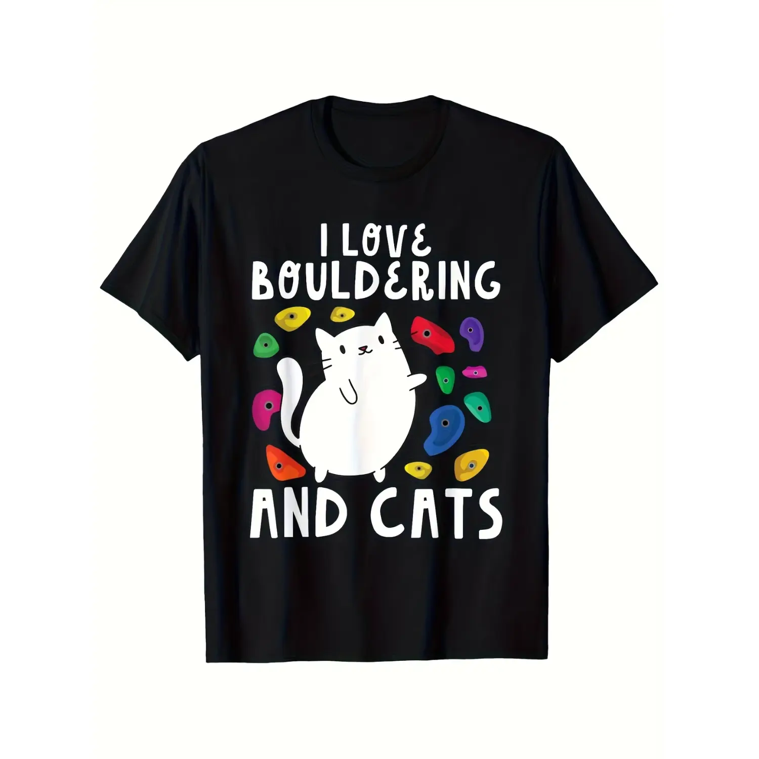 Men's Bouldering & Cat Lover T-Shirt - Casual Crew Neck, Lightweight Knit, Loose Fit Gym Wear for Rock Climbing Enthusiasts