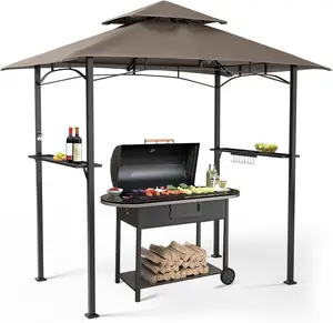 INTERGREAT Outdoor Grill Gazebo 8 x 5, Patio Double Tiered BBQ Canopy w/Air Vent, Gazebo Canopy with 8 Hook Tools for Barbecue Picnic Garden, Backyard, Poolside -Brown