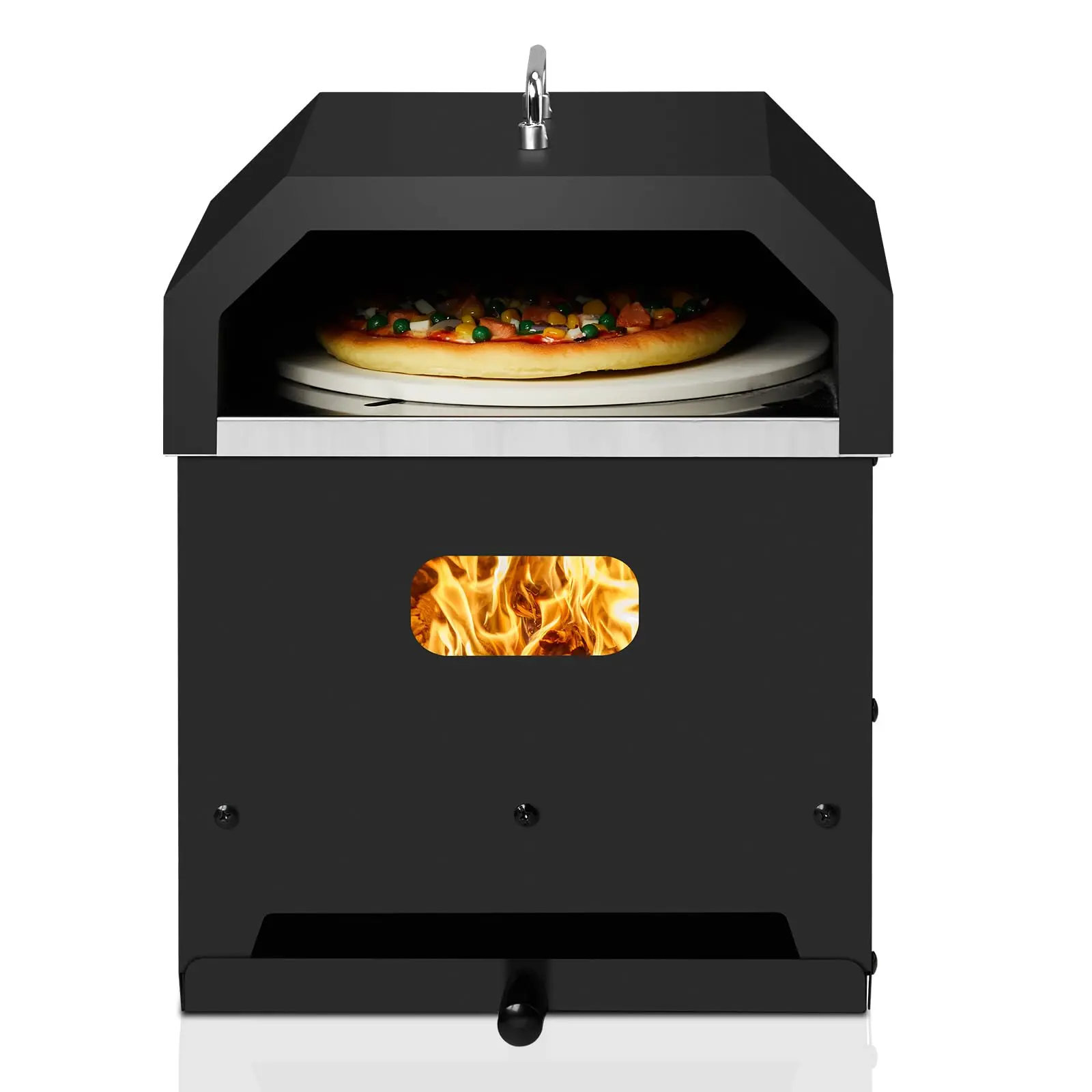 4-in-1 Portable Wood-Fired Outdoor Pizza Oven - 13.2x12.4in, 20.3 lbs, Pellets Compatible, Grill Convertible, Precision Cooking, Quick Assembly, Includes Pizza Stone, Shovel, Peel, Grill Rack, Waterproof Cover for Backyard Camping