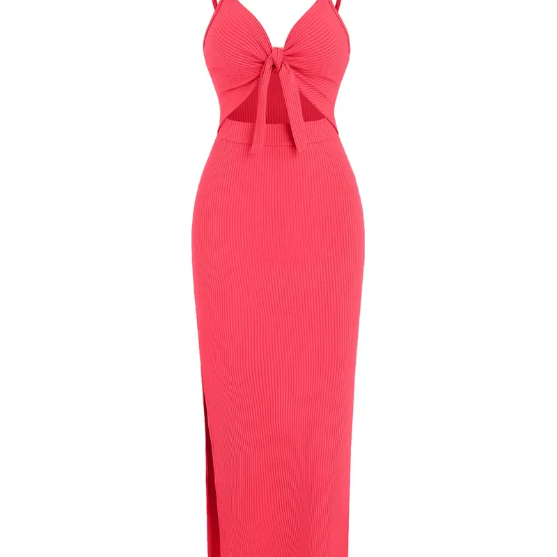 Women's Plain Cut Out Knot Front Spaghetti Strap Cami Dress, Sexy Backless Ribbed Slim Fit Bodycon Long Dress, Ladies Summer Clothes for Party Club Dating Wear
