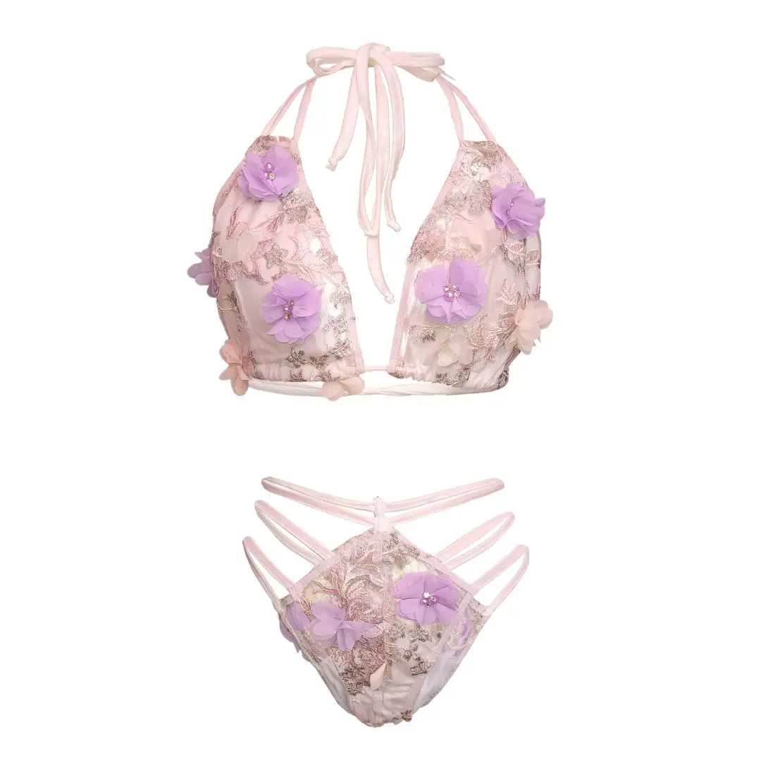 Floral Butterfly Bikini Set - Pink Butterfly Design with Floral Accents and Ruffled Detail, Adjustable Tie Straps
