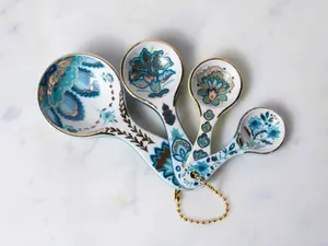 Mary DiSomma’s Ceramic Measuring Spoons Boxed Gift Set, Floral Print, Gold Overlay, Teal, Blue, Robin’s Egg Blue, Lime Green, Gold Chain