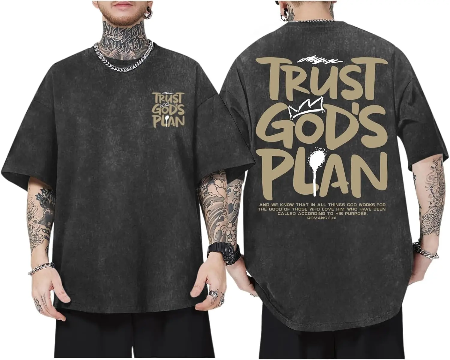 Men's Classic Vintage Trust God's Plan Crewneck T-Shirt - Washed Black Oversized Cotton, Khaki Graffiti Crown, Romans 8:28 Scripture, Front-Back Print, Wrinkle-Resistant, Layer-Friendly, Vibe Workwear for Christian Believers, Casual, Tshirt, Natural, Retr