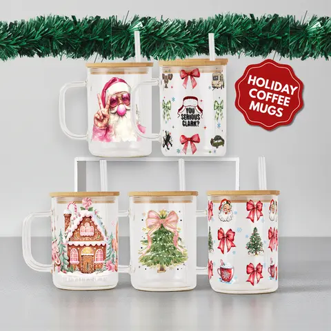 Funny Christmas 17oz Glass Mug with Handle, Bamboo Lid & Straw, Gift for Her