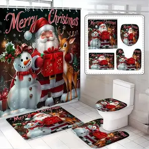 1/4pcs Santa Claus, Snowman, and Reindeer Design Shower Curtain Set, includes non-slip mat, U-shaped rug, and toilet seat cover. Perfect for bathroom decoration, partitioning, Bathroom Decoration Accessories, Comes with 12 shower curtain hooks.