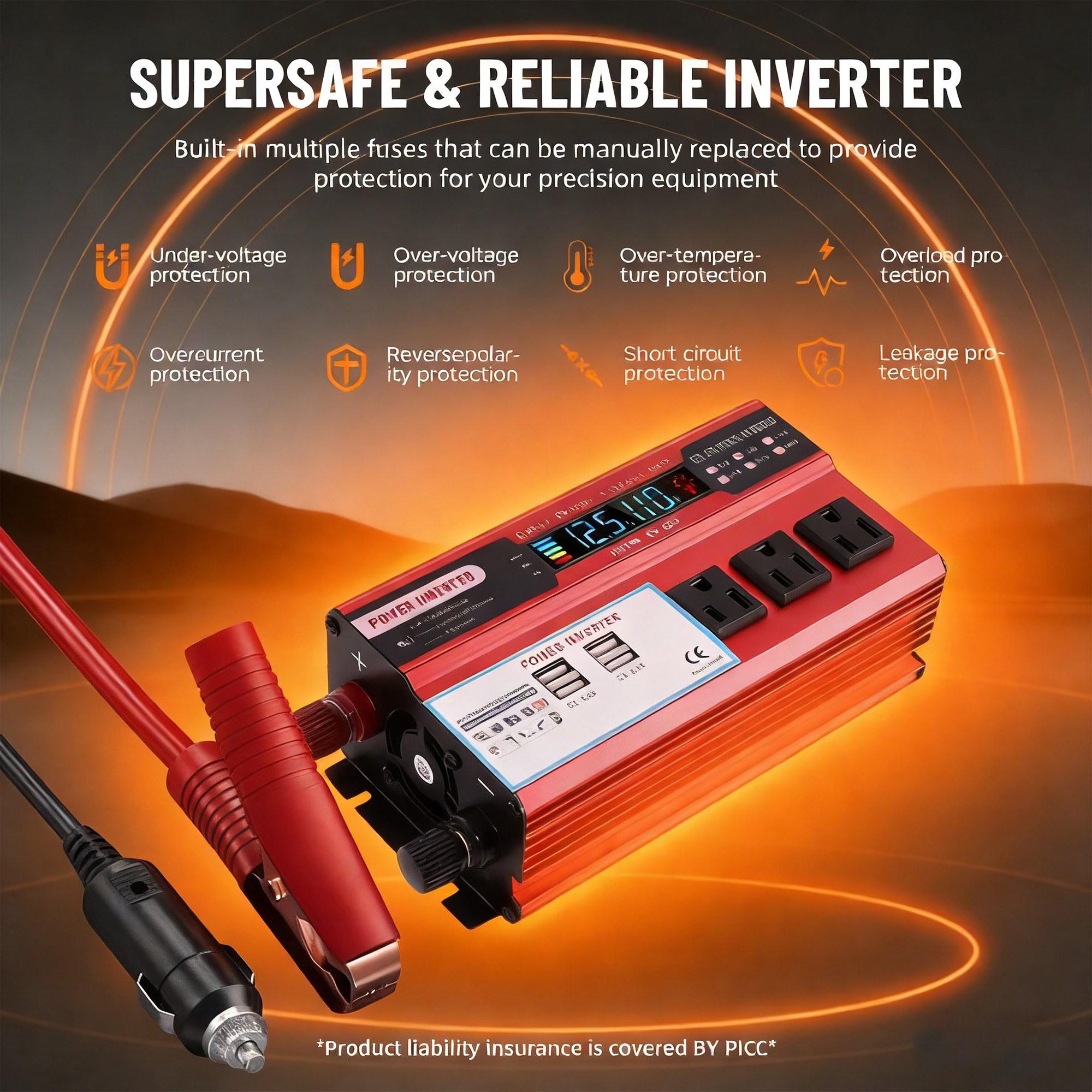 Multi-Protection Vehicle Power Inverter DC 12V to 110V AC with 3 AC Sockets 4 USB Charging Ports 5000W Peak Output Compact Car Converter Ideal for Outdoor Camping RV Truck Travel and Emergency Power Supply