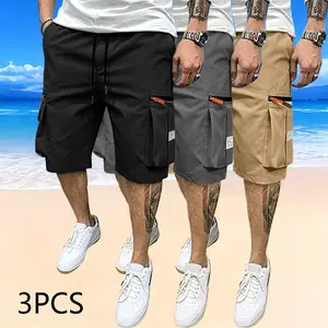 Men’s fashion cargo shorts, solid color, 3-pack; side zip pockets; elastic drawstring waist; polyester fabric; casual and comfortable—ideal for everyday wear, dates, walks, and activewear.fathersdaygift