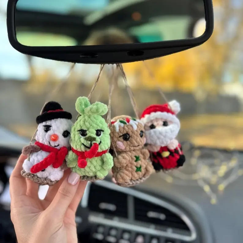 Christmas сar charm rear view mirror / Santa Claus Snowman man Deer crochet car hanger decor / Christmas gift