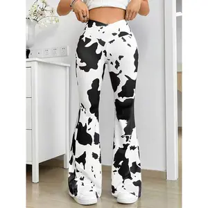 Cow Print Skinny Flare Leg Pants, Elegant Every Day Pants, Women's Clothing