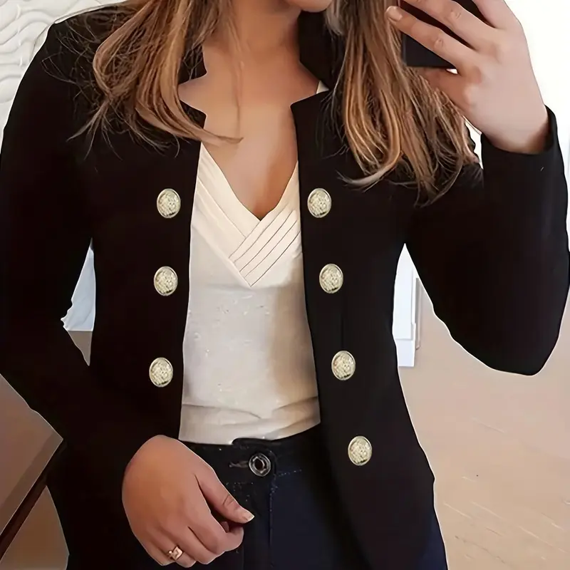 Women's Solid Double Button Coat, Jackets, Fashion Jacket, Casual Everyday Long Sleeve Stretchy Outerwear for Spring & Fall, Ladies Clothes for Daily Wear
