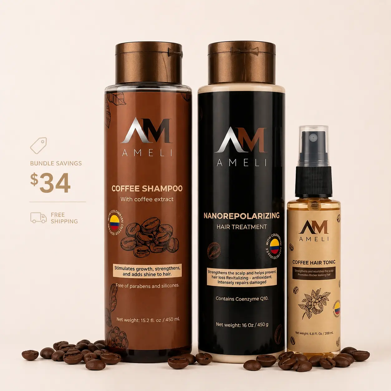 AM AMELI Organic 3-Piece Hair Strengthening Routine Set - Coffee & Argan Oil Shampoo & Conditioner for Daily Use, Rosemary-Infused Volumizing, Repair, Frizz Control for Dry, Weak Frizz Hair (Suitable for Any Adult)