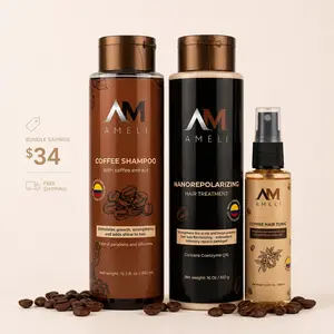 AM AMELI Hair Strengthening Routine, 3-Piece Set with Coffee and Argan Oil for Volumizing, Repair, and Frizz Control for Dry, Weak Hair for Adults Thickening Shampoo Organic Haircare Shampoo