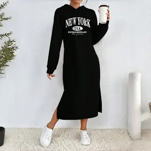 Women's Minimalist New York USA Letter Printed Drawstring Hooded Dress Casual Pocket Long Sleeve Fleece Sweatshirt for Spring Fall Daily Wear Comfortable Streetwear Soft Fleece Inner Lining Machine-Washable Crewneck Polyester Fabric Everyday