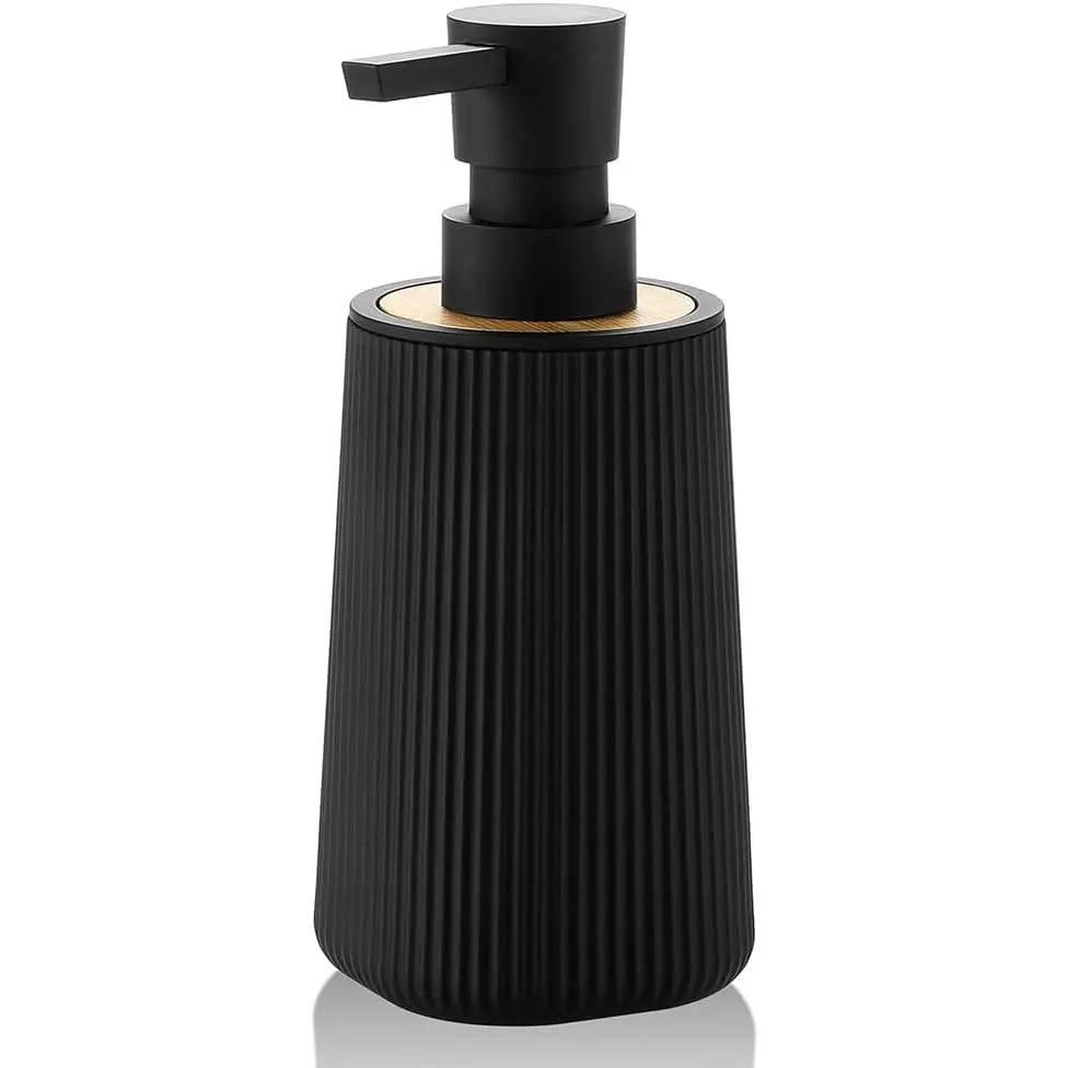 Small Soap Dispenser for Bathroom and Kitchen, Modern Farmhouse Striped Style Plastic Hand Soap Dish Soap Dispenser with  Decor Black