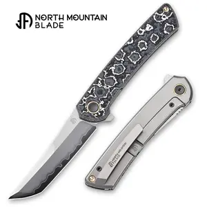 North Mountain Zero 3.5" Tanto Folding Knife - White Camo Ceramic Carbon Fiber Handles, Titanium Frame Lock & Flipper Opening - Portable Pocket Knife with Protective Case & Screws - Easy to Carry