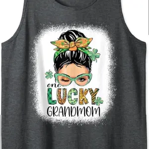 One Lucky Grandmom St Patricks Day Messy Bun Bleached Tank Top